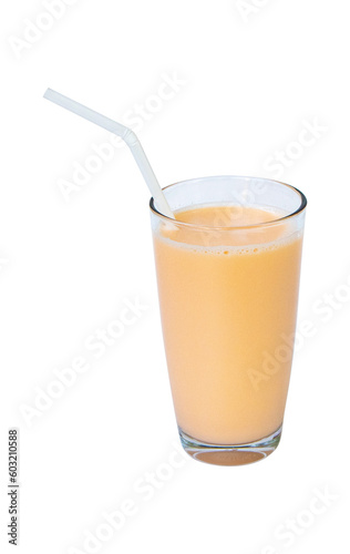 Lactic fermenting beverage color light orange sour taste in glass tall with straw. isolated on cut out PNG. Lactobacillus acidophilus improves condition of stomach. Fermented milk vitamin.