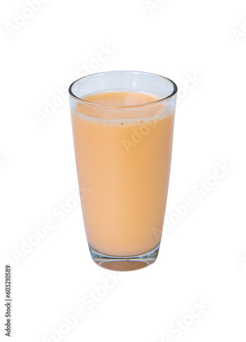 Lactic fermenting beverage color light orange sour taste in glass tall isolated on cut out PNG. Lactobacillus acidophilus improves condition of stomach. Fermented milk vitamin B2 low cholesterol.