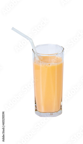Lactic fermenting beverage color light orange sour taste in glass tall with straw isolated on cut out PNG. Lactobacillus acidophilus improves condition. Fermented milk vitamin low cholesterol.