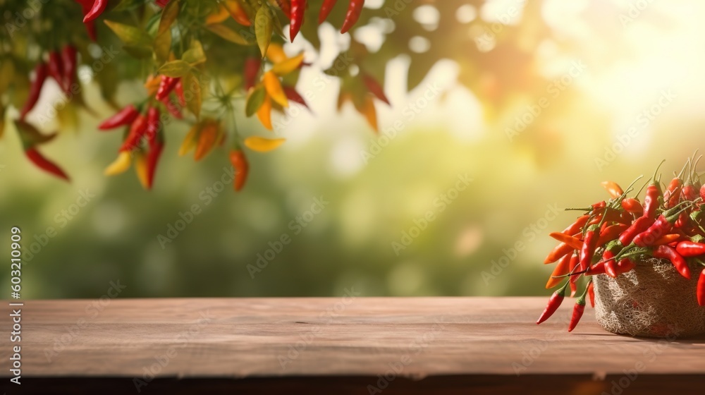 chillies on a wooden surface with chillie tree in a background