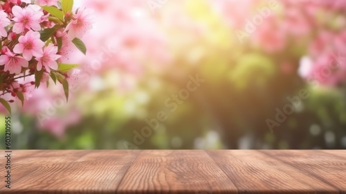 empty wooden table with sakura flower background