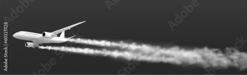 Realistic 3D plane flying with condensation trail isolated on transparent background. Vector illustration of white aircraft mockup for passenger, freight transportation, international mail delivery