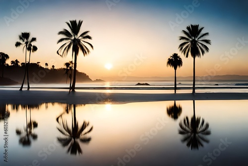beautiful landscape with palm leaf silhouette   hyper-realistic photo
