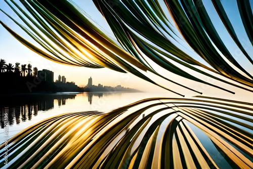 beautiful landscape with palm leaf silhouette , hyper-realistic photo