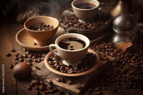 aroma brown cup bean mug cafe morning espresso breakfast drink. Generative AI.