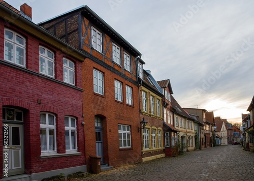 Street with Medieval old brick buildings in Luneburg. Germany