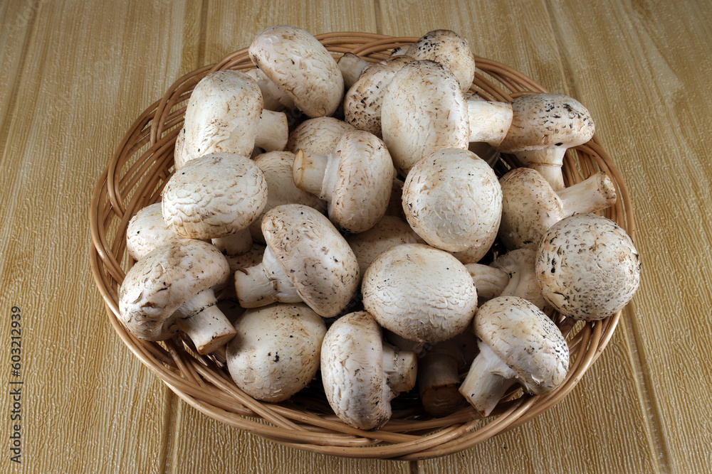 fresh champignons lie in a wicker plate on the table. fresh champignons lie in a wicker plate on the table.