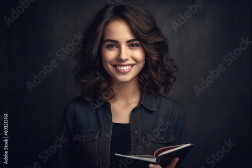 Beautiful woman holding book smiling confident AI Generative