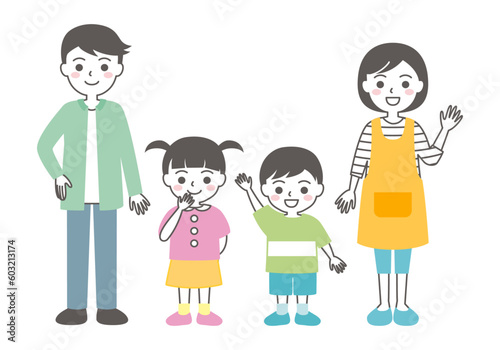 女の子と男の子と夫婦の家族のイラスト