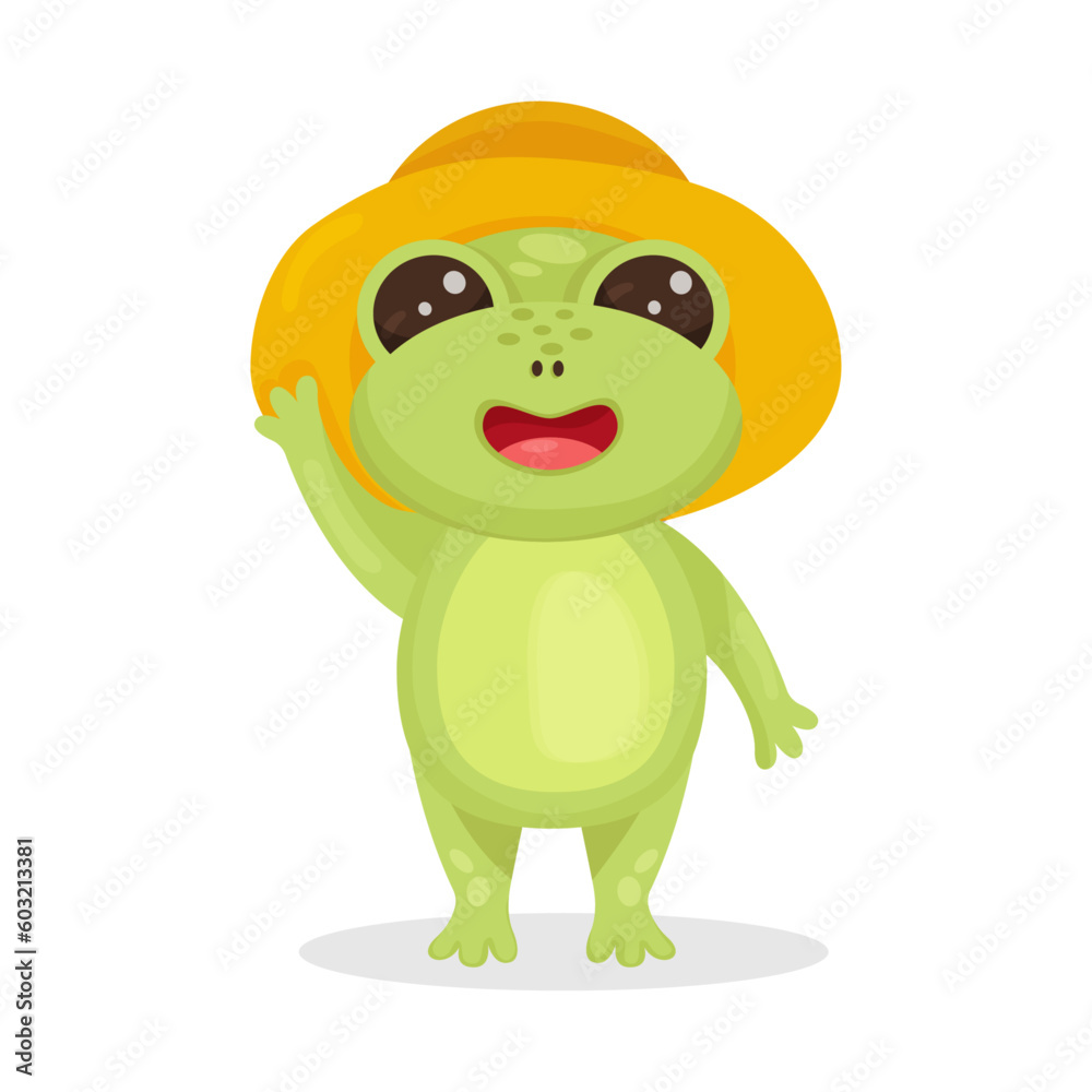 cute cartoon frog in yellow hat waving his hand. Vector illustration. Isolated on white background. Mascot, good for website, design, social media, printshop, prints and kindergarten wall design