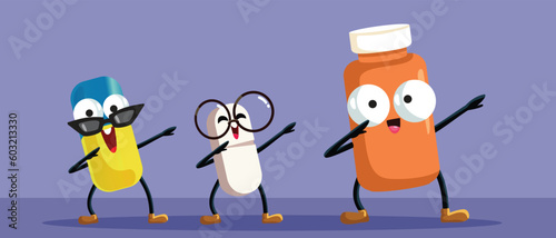 Happy Cheerful Dabbing Pills Vector Cartoon illustration. Cheerful medication mascots feeling food of energy dancing 
