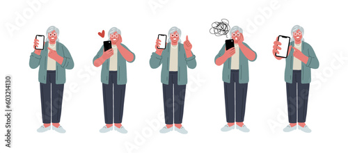 Senior woman with mobile phone,different emotions.Vector Illustration