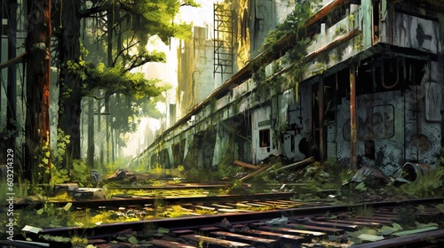Digital painting abandoned city with trees AI Generative
