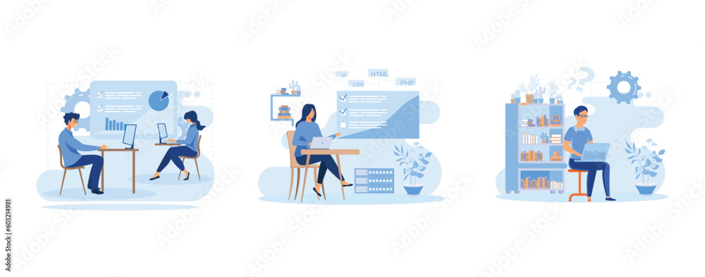 Computer skills requirement abstract concept vector illustration set. Low-technical communication, computer Lab, advanced skills, IT learning, flat vector modern illustration  - obrazy, fototapety, plakaty 