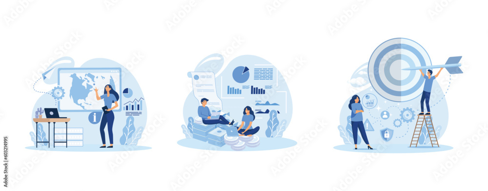 Business analysis in IT company abstract concept vector illustration set. Collecting information, meet stakeholders, business objectives and goals, flat vector modern illustration Business analysis in IT company abstract concept vector illustration set. Collecting information, meet stakeholders, business objectives and goals, flat vector modern illustration