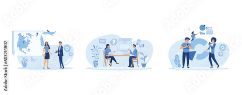 Business analysis in IT company abstract concept vector illustration set. Collecting information, meet stakeholders, business objectives and goals, flat vector modern illustration