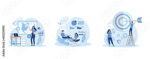 Business analysis in IT company abstract concept vector illustration set. Collecting information, meet stakeholders, business objectives and goals, flat vector modern illustration