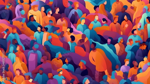 Stylized illustration of an abstract crowd, symbolizing diversity and inclusion in society. Importance of individual differences and promoting equal opportunities within communities. Generative AI