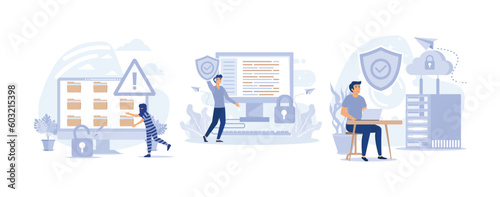 cyber security, Data protection, Database, cyber security, control, protection of computer services and electronic information, set flat vector modern illustration
