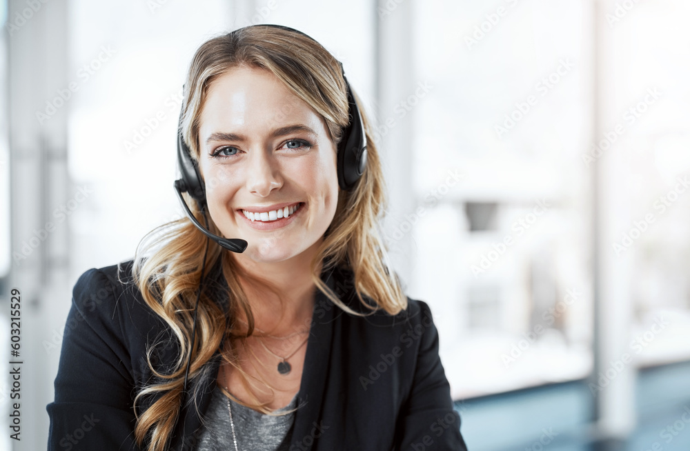 Woman, callcenter and smile in portrait, contact us with communication and CRM, mockup space and headset. Customer service, phone call and happy female consultant on help desk with support in office Woman, callcenter and smile in portrait, contact us with communication and CRM, mockup space and headset. Customer service, phone call and happy female consultant on help desk with support in office