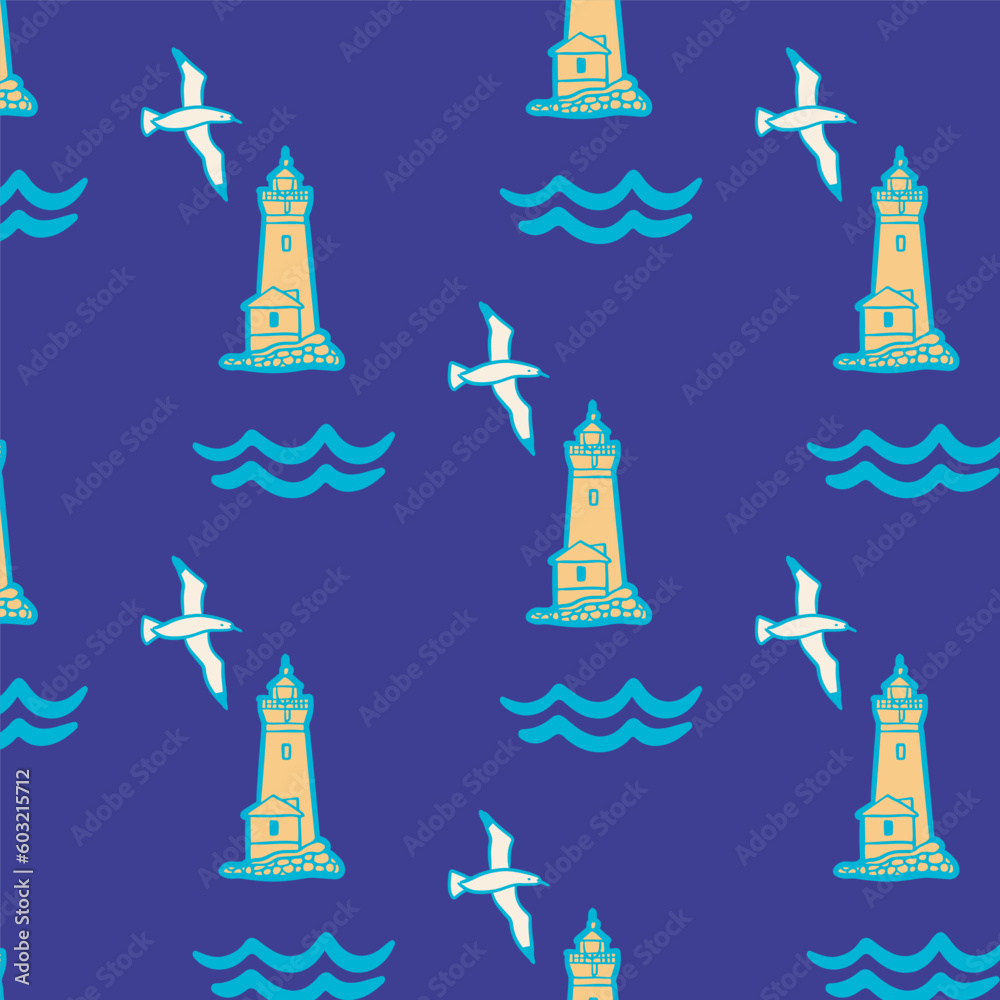 Seamless pattern with lighthouse, seagull . Vector flat sea design