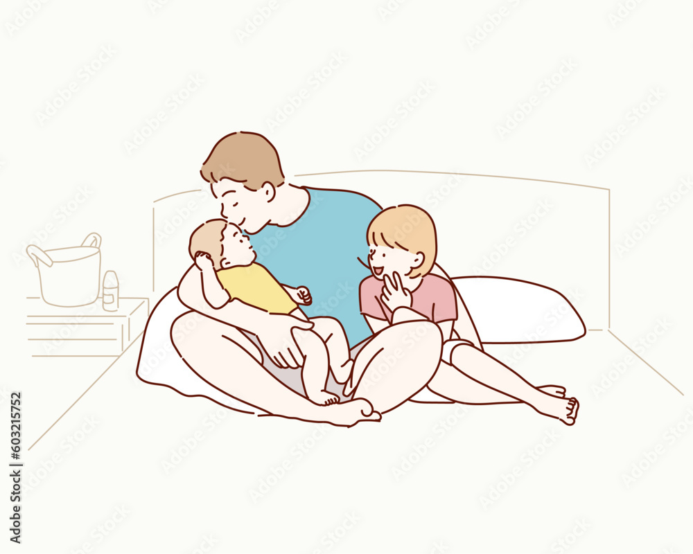 Family hugging together on the bed. Hand drawn style vector design illustrations. Family hugging together on the bed. Hand drawn style vector design illustrations.