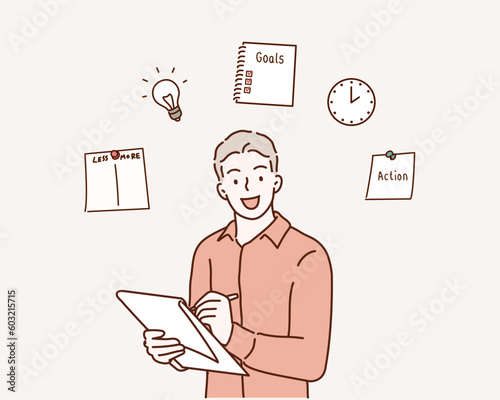 New Year Plans. Notebook With 2022 Goals And Words Plan, Action And Goal. Hand drawn style vector design illustrations.