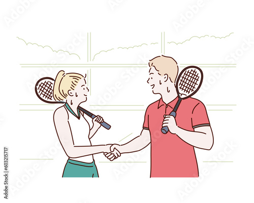 Before or after macth, Handshake at tennis court. Hand drawn style vector design illustrations. photo