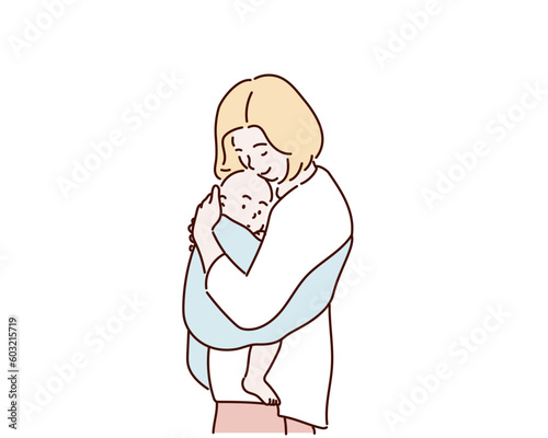 Mother and Baby kissing and hugging. Happy Family. Hand drawn style vector design illustrations.