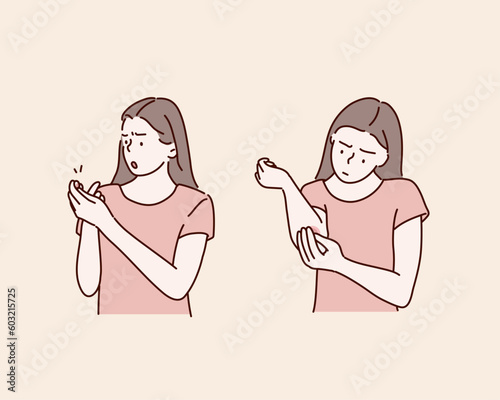 Suffering pain on hands and fingers. woman feel pain in her elbow. Hand drawn style vector design illustrations.