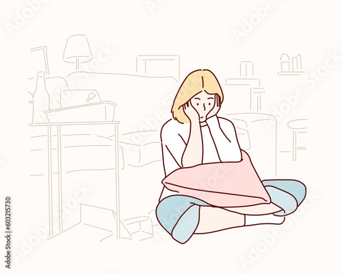 Young woman watching TV and feeling bored sitting on the couch in the living room at home. Hand drawn style vector design illustrations.