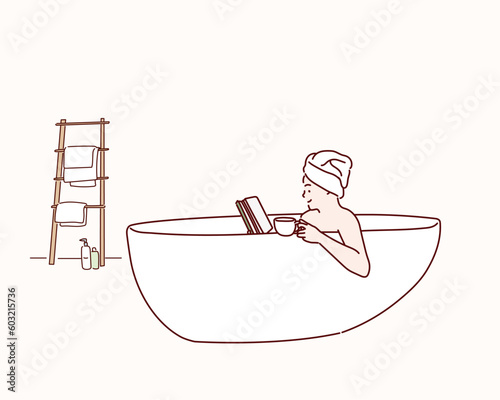 Woman reading book while lying in the bath. Hand drawn style vector design illustrations.