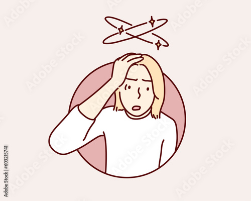 Sick person suffering from vertigo, feeling confused, dizzy and head ache. Hand drawn style vector design illustrations.