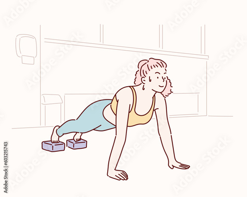 Sport, yoga and people concept - a young woman is doing a plank, taking a balance.  Hand drawn style vector design illustrations.