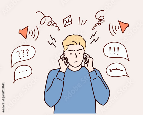 young man with both hands covering ears to protect them from an uncomfortable, loud, annoying noise. Hand drawn style vector design illustrations.