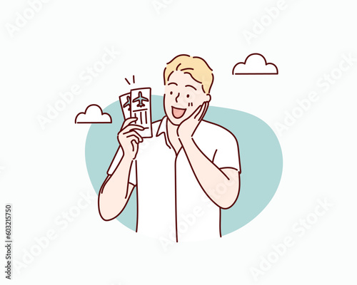  Holding passport boarding pass ticket. Hand drawn style vector design illustrations.