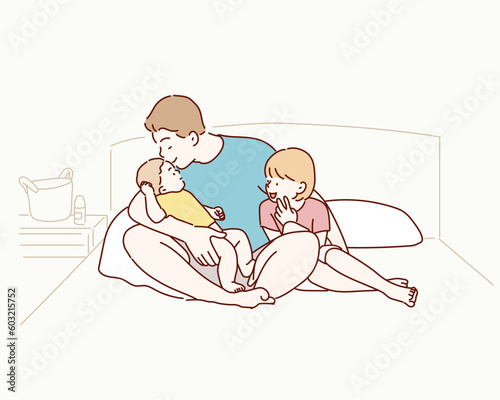 Family hugging together on the bed. Hand drawn style vector design illustrations.