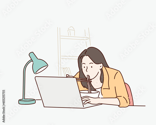 business woman working and eating asian noodles. Hand drawn style vector design illustrations.