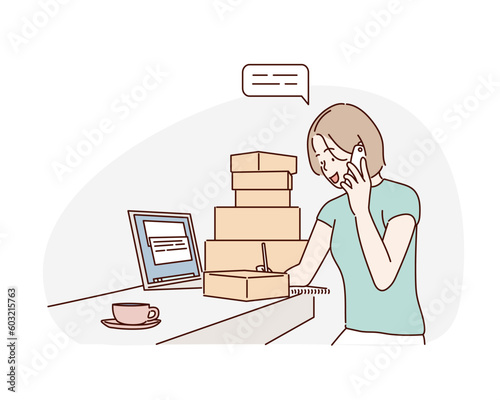 Woman online seller confirming orders from customer on the phone. Hand drawn style vector design illustrations.