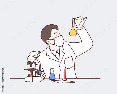 Male scientist. Lab research graphics. Men working in laboratory. Hand drawn style vector design illustrations.