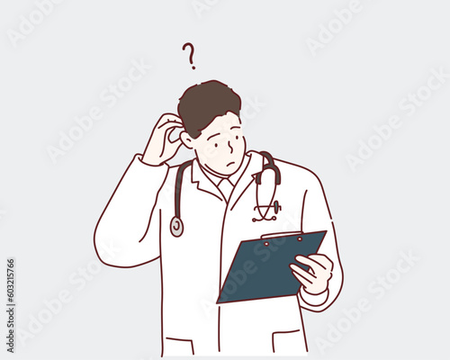 man wearing doctor uniform and stethoscope clueless and confused expression. Hand drawn style vector design illustrations.