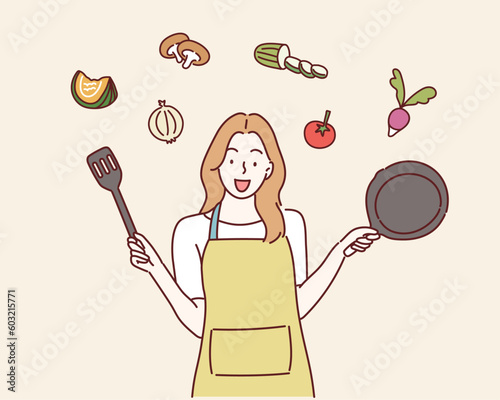 woman wearing an apron. Hand drawn style vector design illustrations.