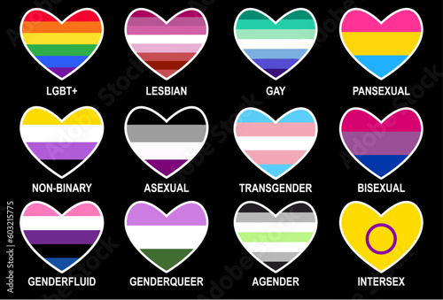 Corazones con las diferentes banderas de la comunidad LGBTQ+ para el mes del orgullo gay