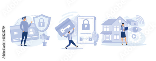 Security and identity verification concept,  Smart ID card, electronic opening system, video surveillance, set flat vector modern illustration