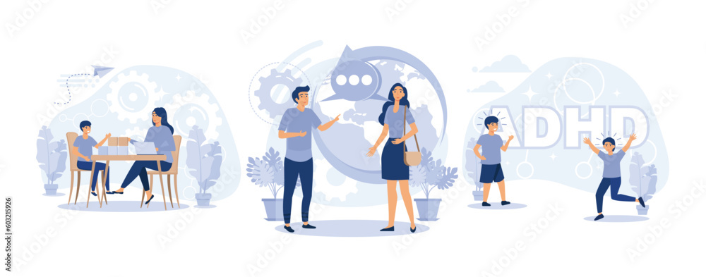 Child psychology, Social-emotional development, social interaction skills, ADHD, set flat vector modern illustration Child psychology, Social-emotional development, social interaction skills, ADHD, set flat vector modern illustration