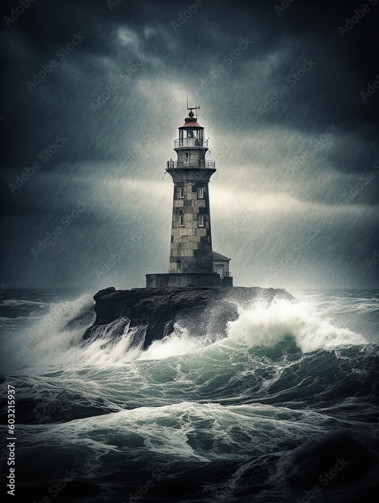 Dramatic photo of a lighthouse in the storm - generative ai