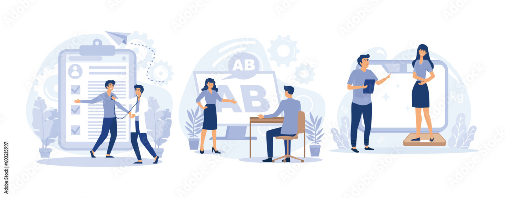 Fototapeta premium General health check up, Head to toe physical examination, developmental screening, Body Mass Index BMI metaphors. set flat vector modern illustration