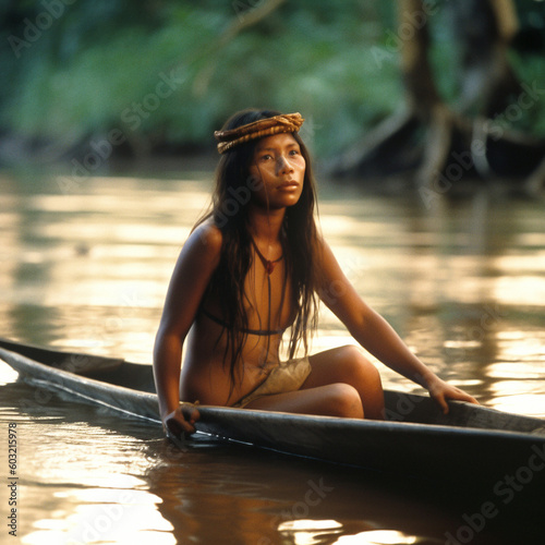 Murais de parede a young indian girl on a canoe in the amazon rainforest - generative ai
