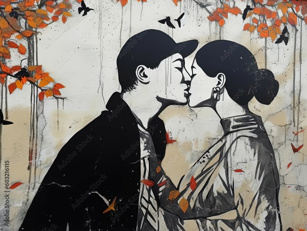 Fototapeta premium mural painting of a kissing couple - generative AI