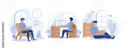  working at home concept, Work at the desk. Work in the living room. Working by the window. set flat vector modern illustration